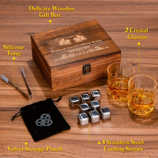 13 In 1 Whiskey Glasses Set Gifts - 2 Crystal Whiskey Glasses, 8 Whiskey Chilling Stones, 1 Ice Tong, and 1 Velvet Storage Bag, Perfect Father's Day, Anniversary, or Groomsmen Gift for Whiskey Lovers Bee's to Find