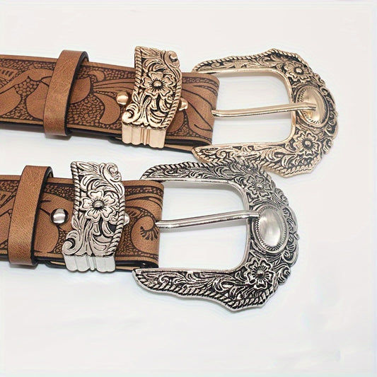 Vintage Flower Embossed PU Belt for Women - Western Style Buckle, Classic Jeans and Pants Accessory Bee's to Find