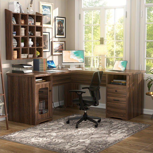 Unikito L Shaped Desk with File Cabinet, 60 Inch Large Office Desk with Power Outlets and USB Charging Ports, L Shape Computer Desk with Drawer, 2 Person Corner Executive Desk with Storage, Rustic Oak Bee's to Find