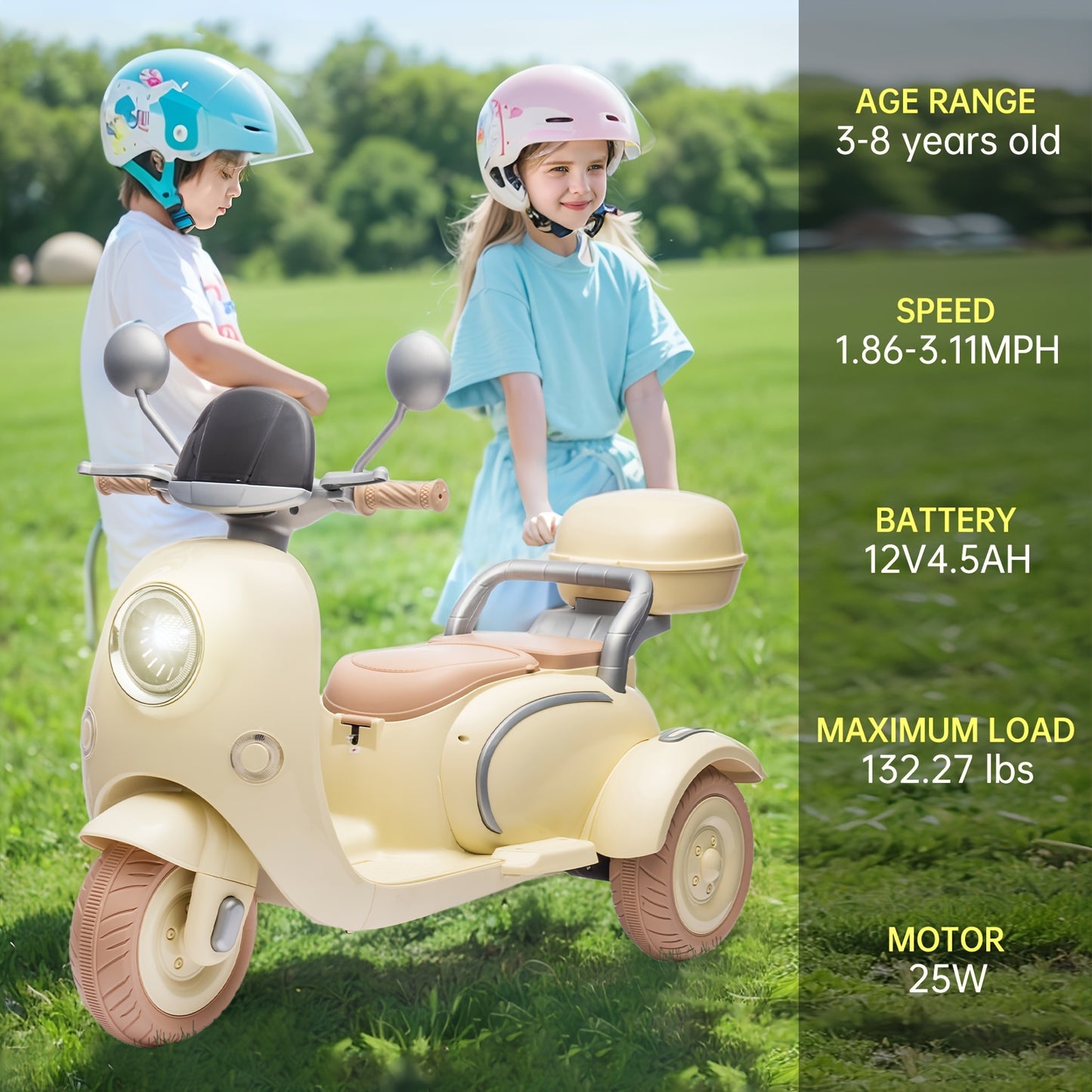 12v cute baby tricycle first launched cute two-seater children's electric motorcycle three-wheeled children's toy with slow start multi-function player light USB super large storage box Bee's to Find