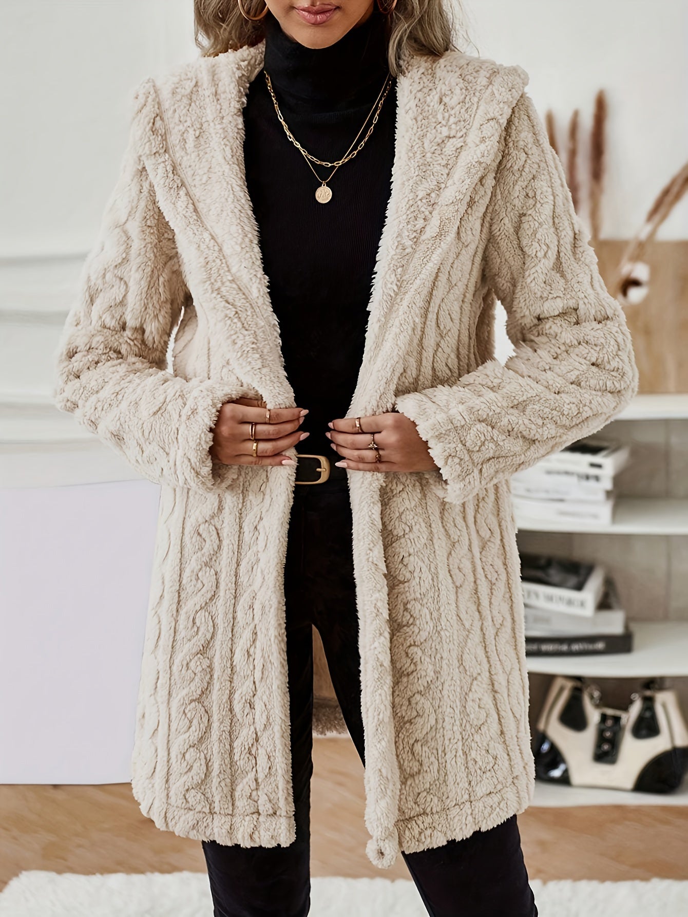 Women's Plus Size Fuzzy Hooded Coat - Long Sleeve Warm Outwear for Fall & Winter Bee's to Find