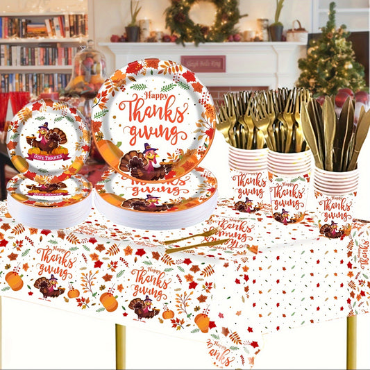152 Pcs Thanksgiving Paper Plate, Fall Party Supplies Tableware Set: 2 Pcs Tablecloth With 25 Set Turkey Pumpkin Maple Disposable Plates Tableware And Napkins, Dinnerware Set For 25 Guest, Autumn Harvest Table Decor, US Express Delivery Bee's to Find