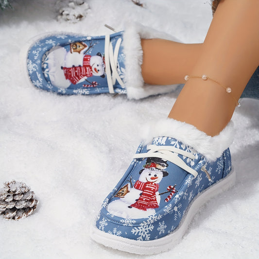 Women's Cartoon Snowflake & Snowman Pattern Shoes, Soft Sole Flat Thermal Lined Shoes, Christmas Non-slip Fluffy Canvas Shoes Bee's to Find