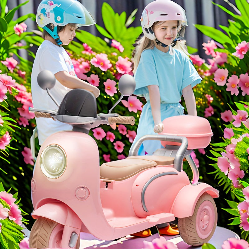 12v cute baby tricycle first launched cute two-seater children's electric motorcycle three-wheeled children's toy with slow start multi-function player light USB super large storage box Bee's to Find