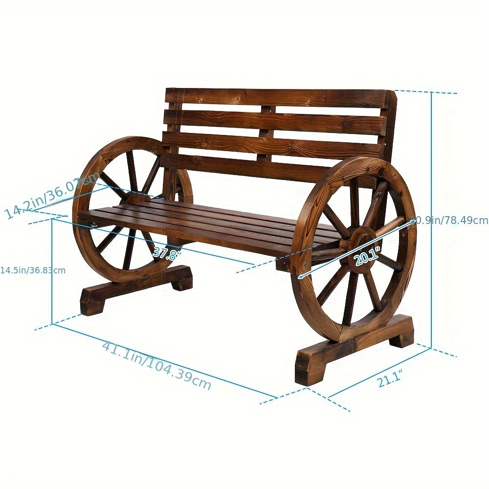 Ubesgoo 2-Person Outdoor Wooden Wagon Wheel Bench With Slatted Seat And Backrest Brown Bee's to Find